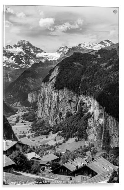 Lauterbrunnen valley and Breithorn monochrome Acrylic by Graham Moore