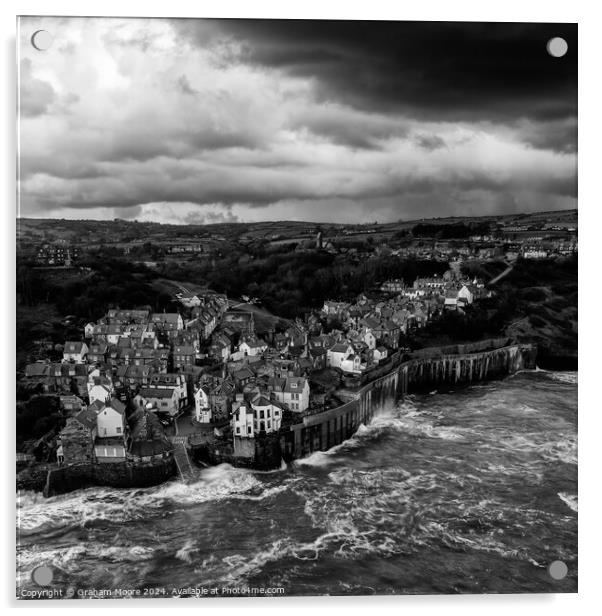 Robin Hoods Bay evening moody sky monochrome Acrylic by Graham Moore