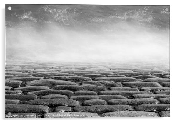 Wave splashes on cobbles monochrome Acrylic by Graham Moore