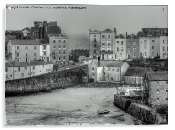 Tenby Harbour Beach and Georgian Houses in Black and White Acrylic by Martin Chambers
