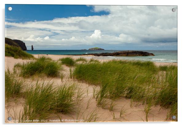 Sandwood Bay, Sutherland, Scotland looking from the sand dunes over the beach to the sea stack beyond Acrylic by Louise Bellin