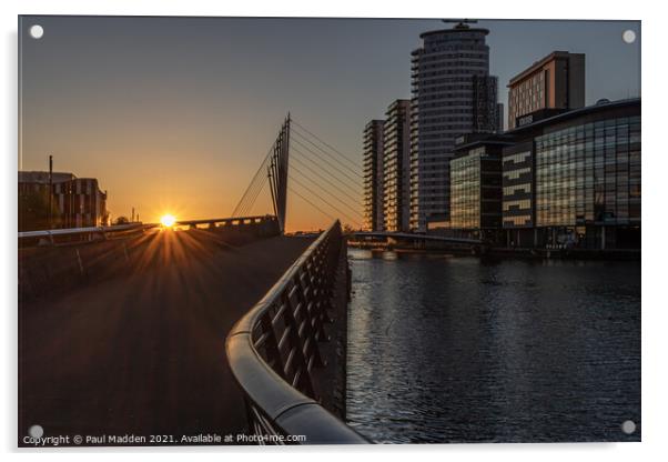 Salford Quays media city sunset Acrylic by Paul Madden