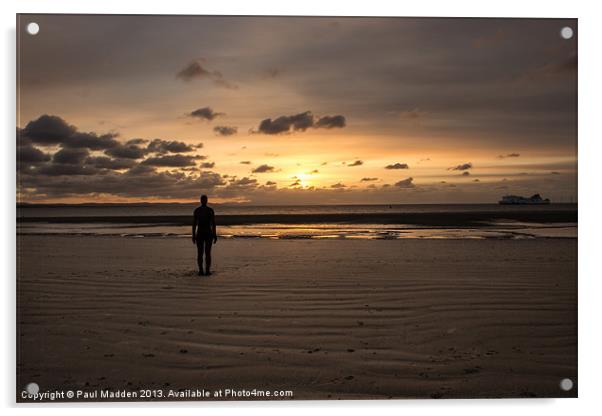 Crosby Beach Iron Man Sunset Acrylic by Paul Madden