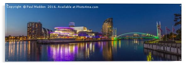 Salford Quays panorama at night Acrylic by Paul Madden