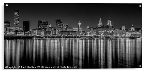 Liverpool skyline in the night Black and White Acrylic by Paul Madden