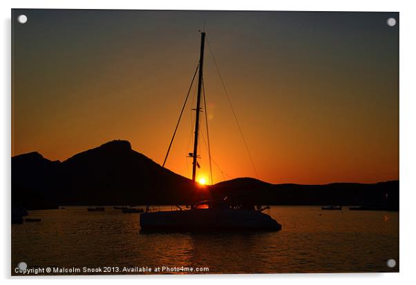 Catamaran sunset in Ibiza Acrylic by Malcolm Snook