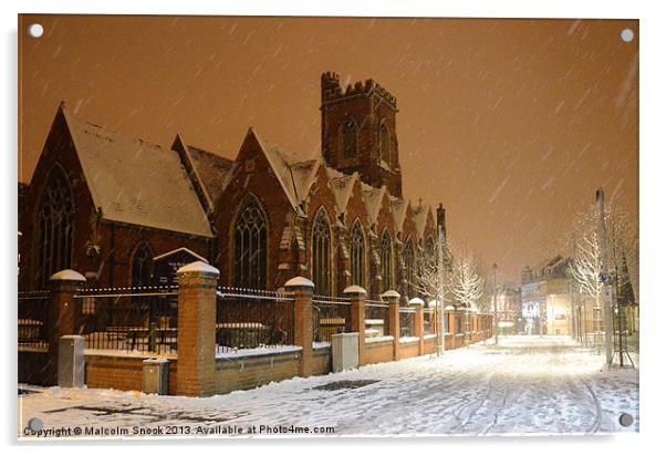 St Marys Acton in the snow. Acrylic by Malcolm Snook