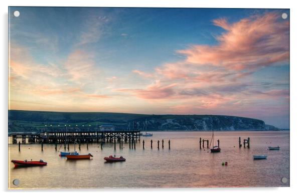 Swanage Pier and Ballard Down at Sunset Acrylic by Darren Galpin