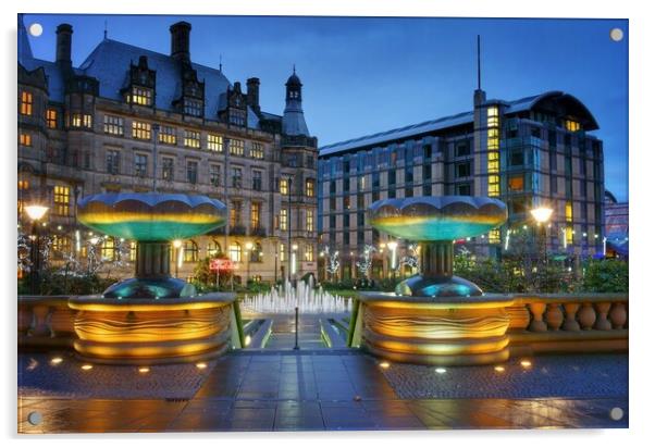 Sheffield Town Hall and Peace Gardens at Night   Acrylic by Darren Galpin