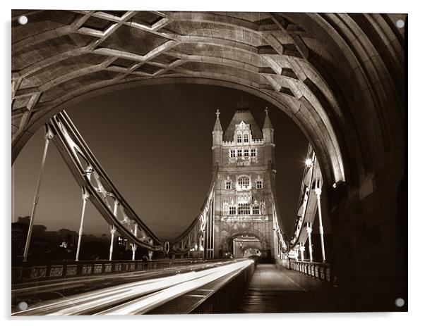 Tower Bridge London at Night, Sepia Toned Acrylic by Darren Galpin