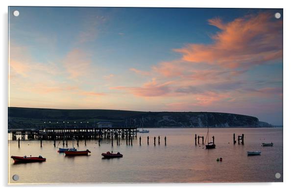 Swanage Pier & Ballard Down at Sunset Acrylic by Darren Galpin