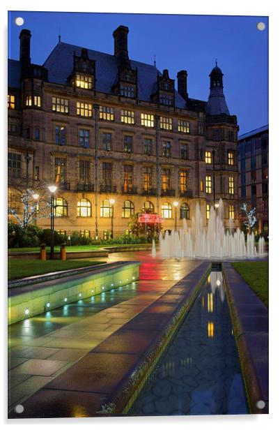 Sheffield Town Hall and Goodwin Fountain at Night  Acrylic by Darren Galpin