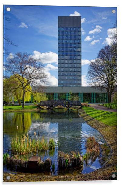 University Arts Tower & Weston Park Pond           Acrylic by Darren Galpin