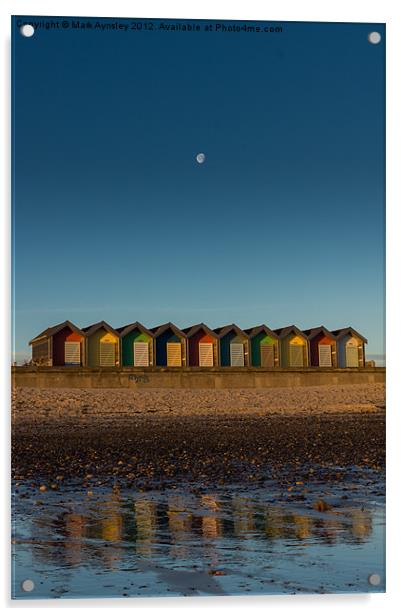 Moon over Blyth beach huts. Acrylic by Mark Aynsley