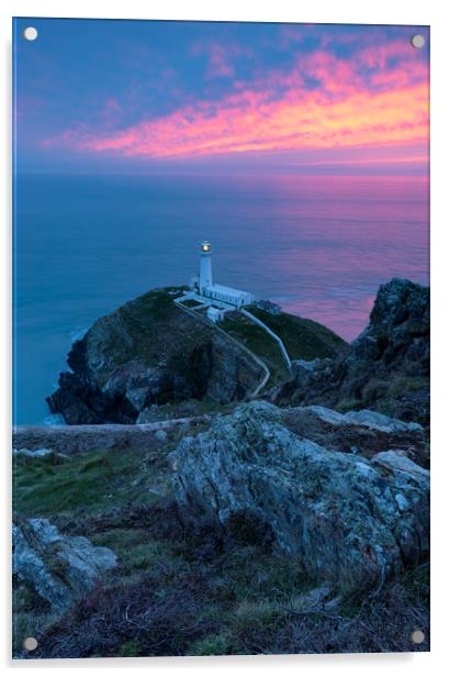 South Stack Lighthouse Sunset Acrylic by CHRIS BARNARD