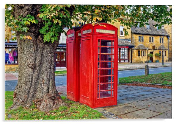 Broadway Telephone Boxes Cotswolds Worcestershire Acrylic by austin APPLEBY
