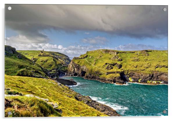 Tintagel Castle and Bridge Cornwall Acrylic by austin APPLEBY