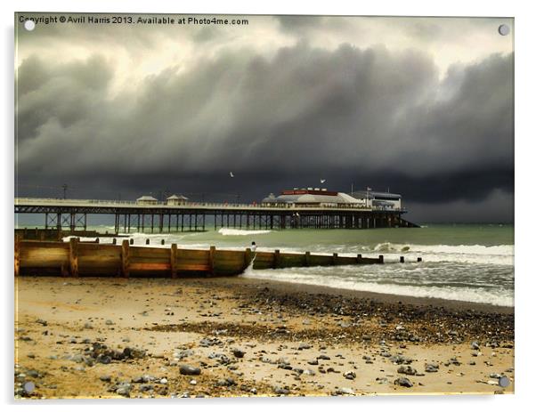 Cromer Pier Storm Acrylic by Avril Harris