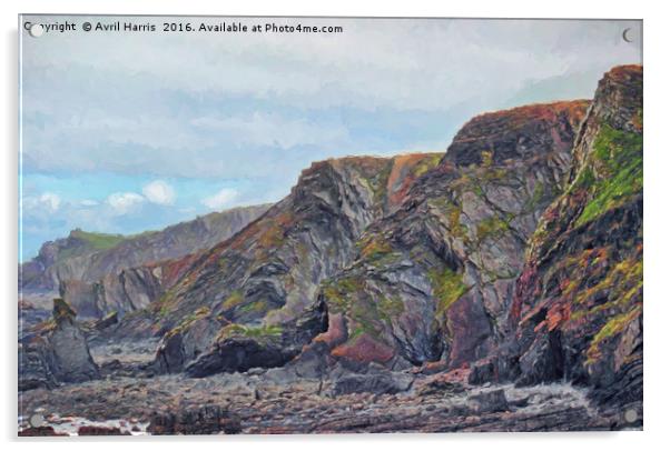 Hartland Quay Cliffs Acrylic by Avril Harris