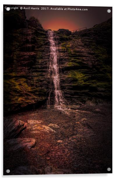 Tintagel beach waterfall Acrylic by Avril Harris