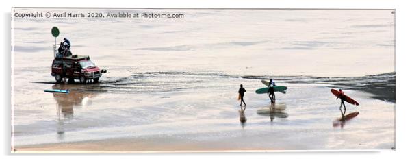 Woolacombe beach surfers. Acrylic by Avril Harris