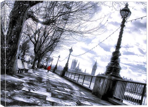 Red jacket on the south bank Canvas Print by Jonathan Pankhurst