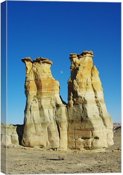 Rock towers and moon in secluded canyon valley, Ut Canvas Print by Claudio Del Luongo