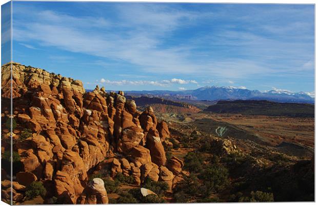 Rock towers and Manti La Sal Mountains, Utah Canvas Print by Claudio Del Luongo