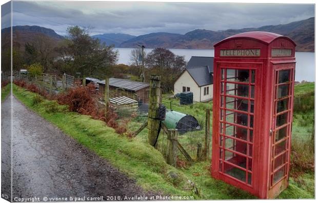 Red phone box, Loch Morar, Scottish highlands Canvas Print by yvonne & paul carroll
