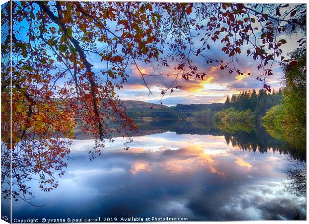 Loch Drunkie sunset in Autumn, Trossachs, Scotland Canvas Print by yvonne & paul carroll