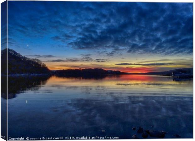Sunset on Loch Lomond from Port Bawn, Inchcailloch Canvas Print by yvonne & paul carroll