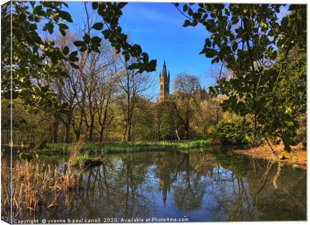 Iconic Glasgow University reflected in the pond in Canvas Print by yvonne & paul carroll