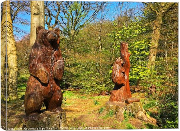 Wood carvings in Cairnhill Woods, Glasgow Canvas Print by yvonne & paul carroll
