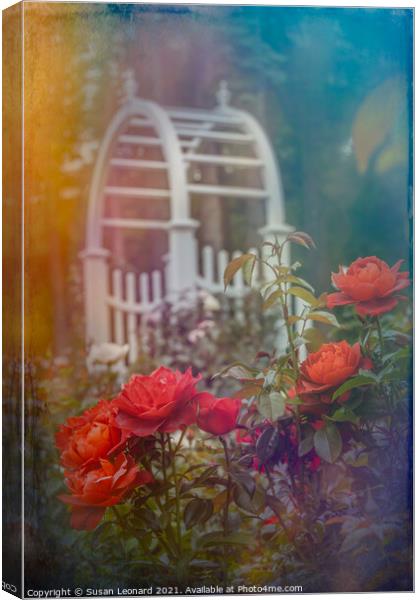 Garden scene with roses Canvas Print by Susan Leonard