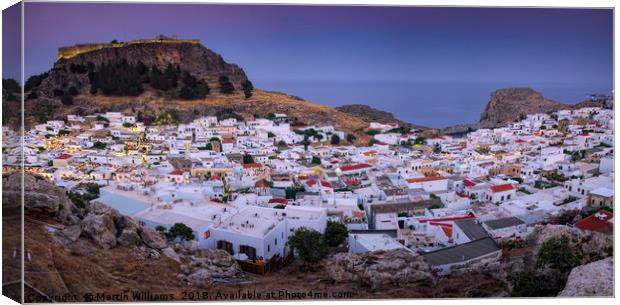 Sunset over Lindos town, Rhodes, Greece, Panoramic Canvas Print by Martin Williams