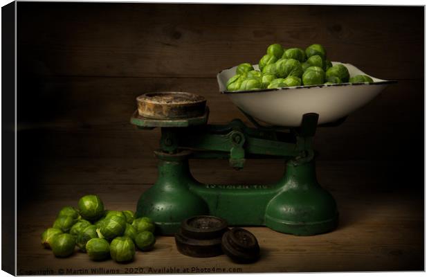 Brussel Sprouts on Weighing Scales Canvas Print by Martin Williams