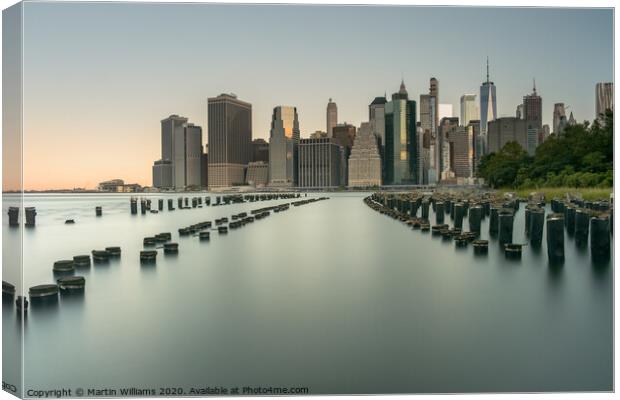 New York skyline viewed from Old Pier 1 Brooklyn Canvas Print by Martin Williams