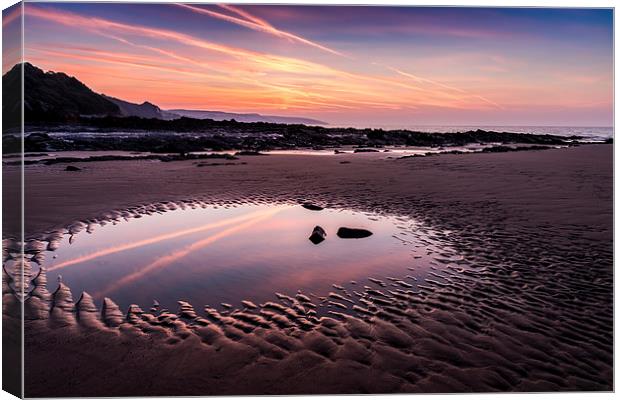  Amroth beach - Early morning reflections Canvas Print by Simon West