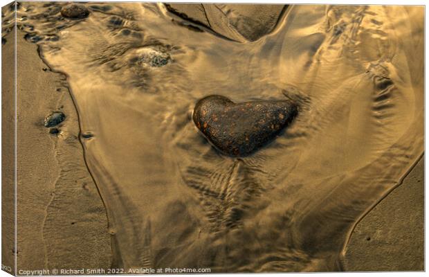 A heart shaped stone in a rivulet of water on Braes beach. Canvas Print by Richard Smith