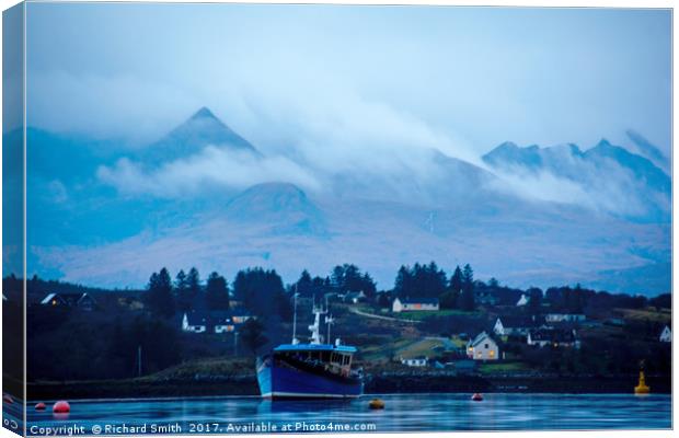 Loch Portree and Heatherfield backed by Cuillin Mo Canvas Print by Richard Smith