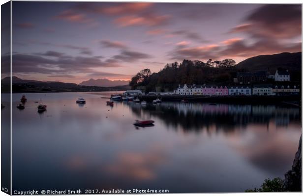 The Cuillin and Portree Pier across loch Portree. Canvas Print by Richard Smith
