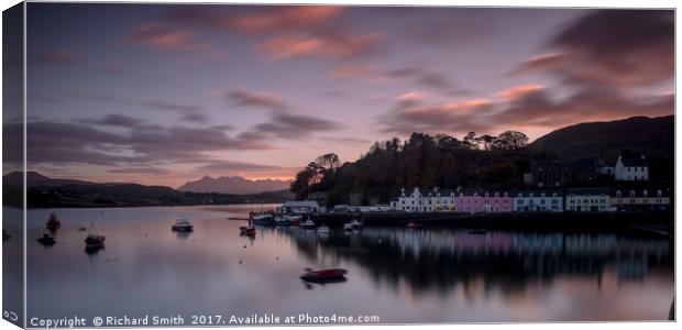 The Cuillin and Portree Pier across loch Portree.  Canvas Print by Richard Smith