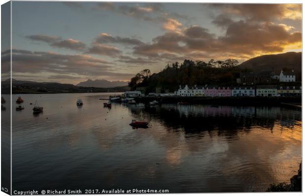 The Cuillin and Portree Pier across loch Portree.  Canvas Print by Richard Smith