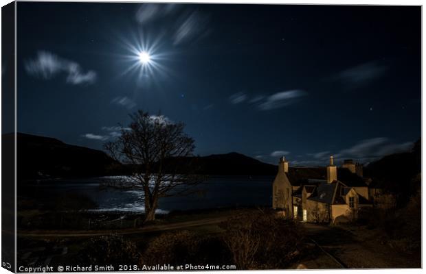 The moon over Loch Portree from a shore side house Canvas Print by Richard Smith
