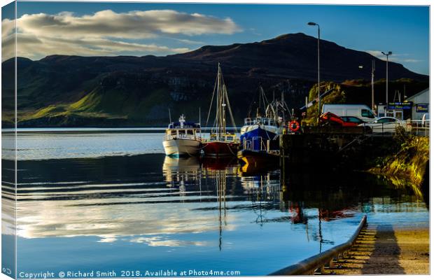 Moored to Portree pier at first sunlight #2 Canvas Print by Richard Smith