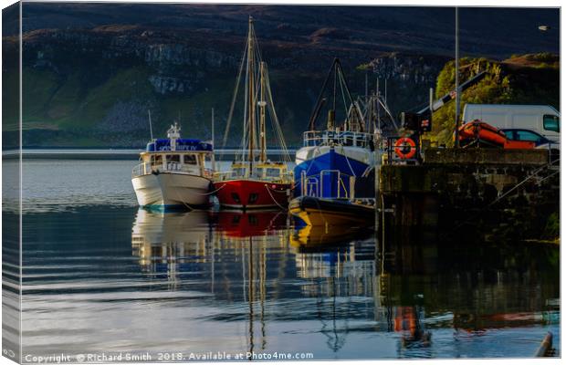 Moored to Portree pier at first sunlight #3 Canvas Print by Richard Smith