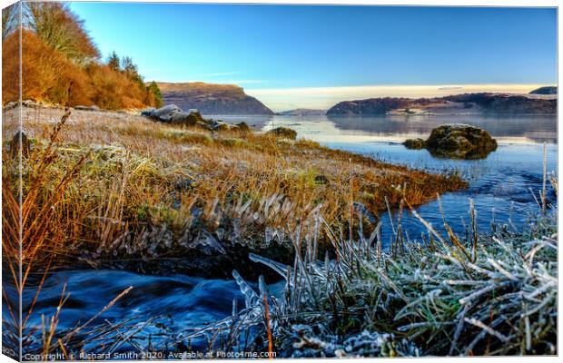Small burn flows into Loch portree #2  Canvas Print by Richard Smith