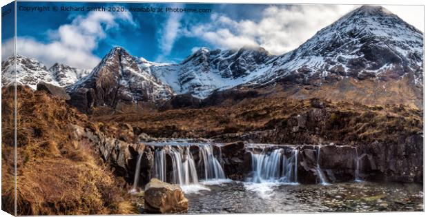 A broad waterfall within the Fairy Pools area in Coire na Creiche. Canvas Print by Richard Smith