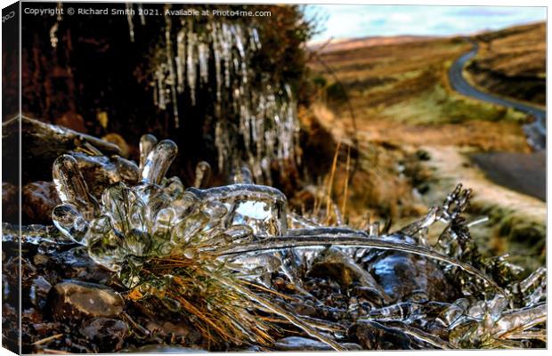 Iced grass and icicles beside the Struan hill road. Canvas Print by Richard Smith