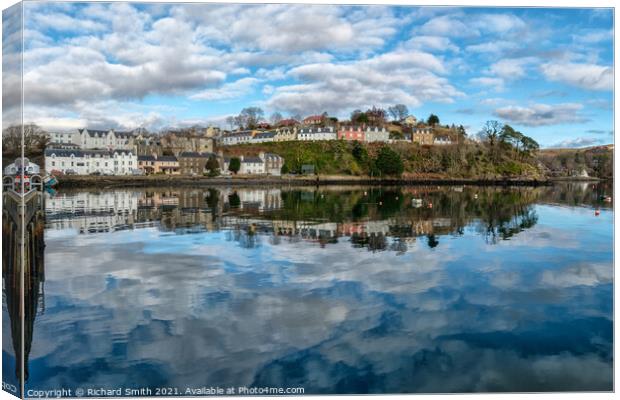 The town of Portree surrounds the harbour with reflections of the sky. #2 Canvas Print by Richard Smith